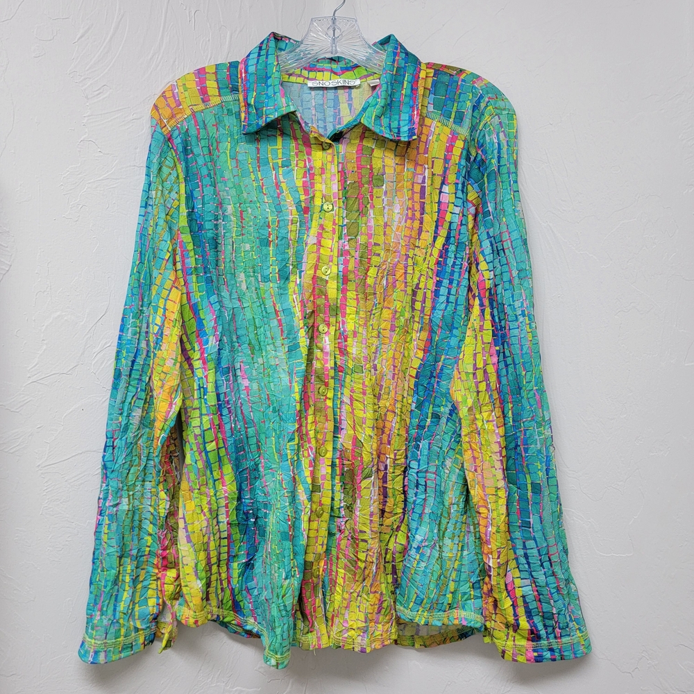 Sno Skins Button Up Shirt Blouse Geometric Colorful Crinkle Roll Tab Sleeve. XL
